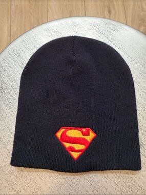 Black Knit Beanie Hat with Red & Yellow Superhero Patch